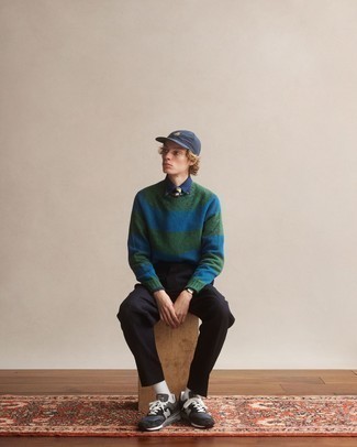 Teal Crew-neck Sweater Outfits For Men In Their Teens: 