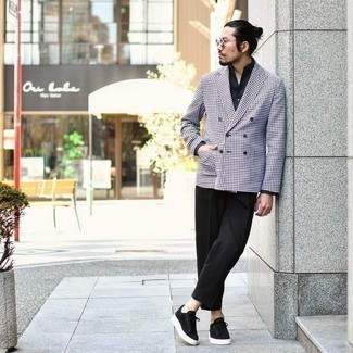 Men's Black Suede Low Top Sneakers, Black Chinos, Black Dress Shirt, White and Black Houndstooth Double Breasted Blazer