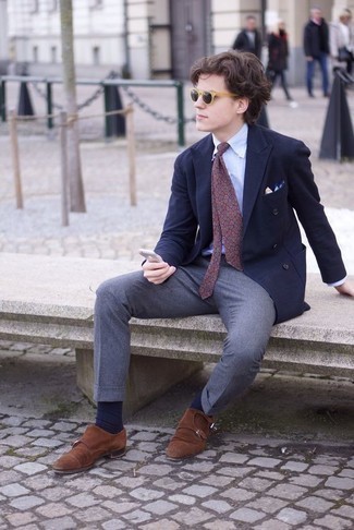 Dark Brown Suede Double Monks Outfits: 