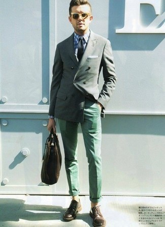 Men's Dark Brown Leather Derby Shoes, Green Chinos, White and Blue Plaid Dress Shirt, Dark Green Double Breasted Blazer
