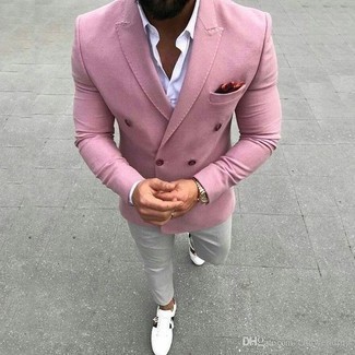 Men's White Print Leather Low Top Sneakers, Grey Chinos, White Dress Shirt, Pink Double Breasted Blazer
