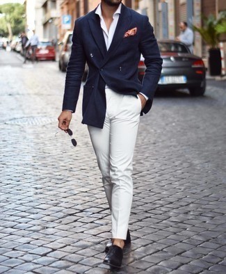 Men's Black Leather Oxford Shoes, White Chinos, White Dress Shirt, Navy Double Breasted Blazer