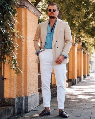 Beige Double Breasted Blazer Outfits For Men: 