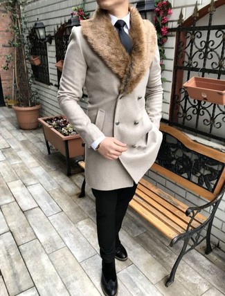 Beige Fur Collar Coat Outfits For Men: 