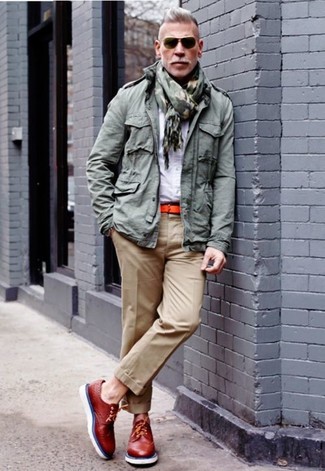 Nick Wooster wearing Red Leather Brogues, Khaki Chinos, White Dress Shirt, Grey Military Jacket