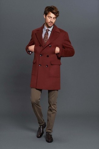 Men's Dark Brown Leather Monks, Brown Chinos, White and Navy Vertical Striped Dress Shirt, Burgundy Overcoat
