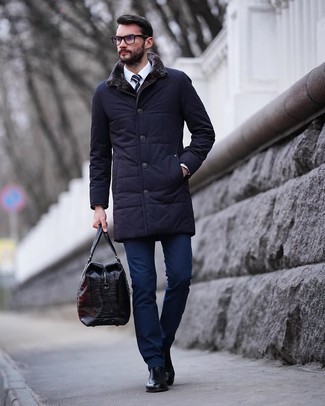 Blue Quilted Overcoat Outfits: 