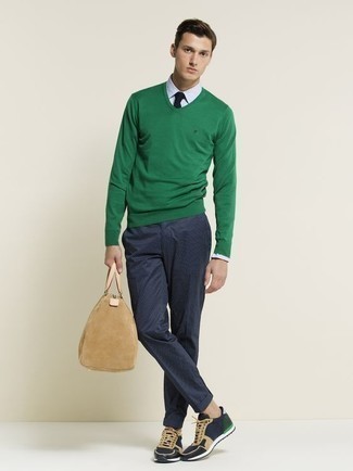 Mint V-neck Sweater Outfits For Men: 
