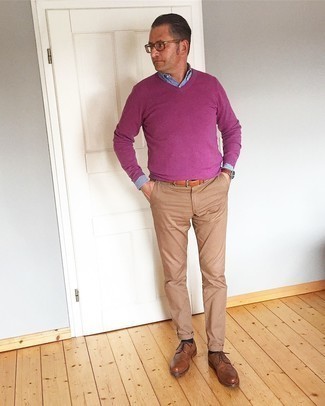 Men's Brown Leather Brogues, Khaki Chinos, White and Navy Gingham Dress Shirt, Purple V-neck Sweater