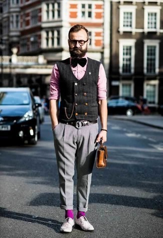 Men's White Print Canvas Derby Shoes, Grey Check Chinos, Pink Dress Shirt, Charcoal Vertical Striped Waistcoat