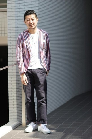 Multi colored Vertical Striped Blazer Outfits For Men: 