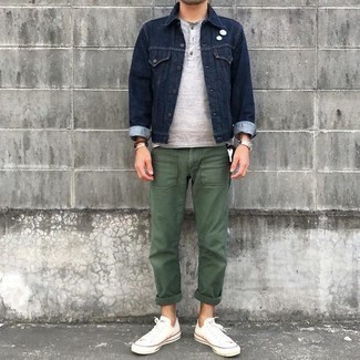 Men's White Canvas Low Top Sneakers, Olive Chinos, Grey Henley Shirt, Navy Denim Jacket