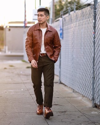 Men's Brown Leather Casual Boots, Brown Chinos, White Henley Shirt, Brown Harrington Jacket