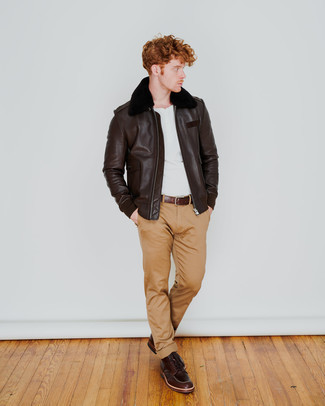 Men's Dark Brown Leather Casual Boots, Khaki Chinos, White Henley Shirt, Dark Brown Leather Harrington Jacket