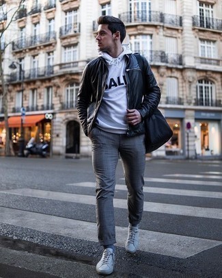 Men's White Canvas Low Top Sneakers, Grey Plaid Chinos, White and Black Print Hoodie, Black Leather Bomber Jacket