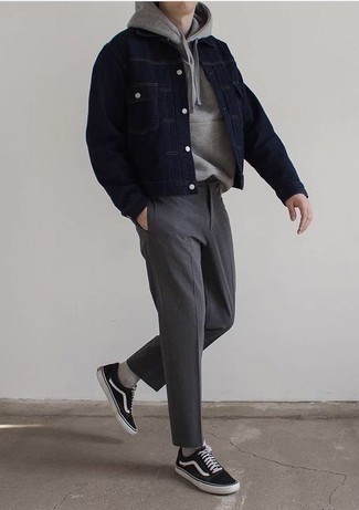 Men's Black and White Canvas Low Top Sneakers, Charcoal Chinos, Grey Hoodie, Navy Denim Jacket