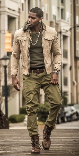 Men's Brown Leather Casual Boots, Olive Chinos, Olive Hoodie, Beige Denim Jacket