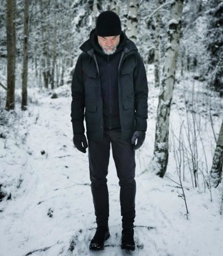 Black Canvas Snow Boots Outfits For Men: 