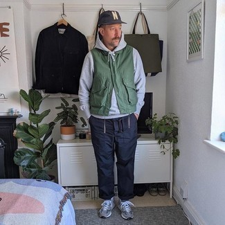 Men's Grey Athletic Shoes, Navy Chinos, Grey Hoodie, Olive Gilet