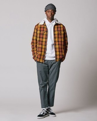 Men's Black and White Canvas Low Top Sneakers, Grey Chinos, White Hoodie, Multi colored Check Harrington Jacket