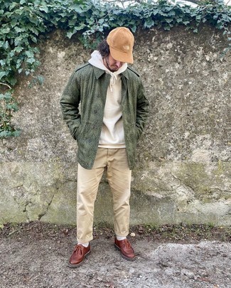 Men's Brown Leather Desert Boots, Khaki Chinos, White Hoodie, Olive Military Jacket