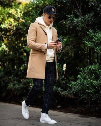 Men's White Leather High Top Sneakers, Navy Plaid Chinos, White Hoodie, Camel Overcoat