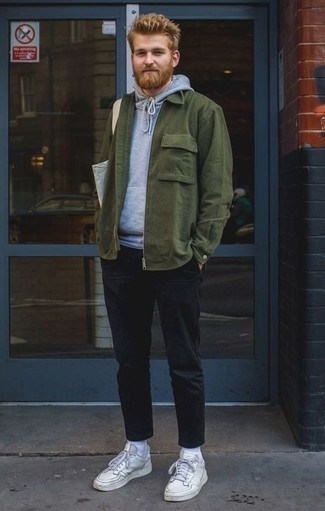 Dark Green Shirt Jacket with White Leather Low Top Sneakers Outfits For Men: 