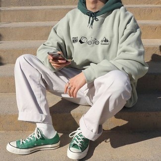 Men's Green Canvas Low Top Sneakers, White Chinos, Dark Green Hoodie, Mint Print Sweatshirt