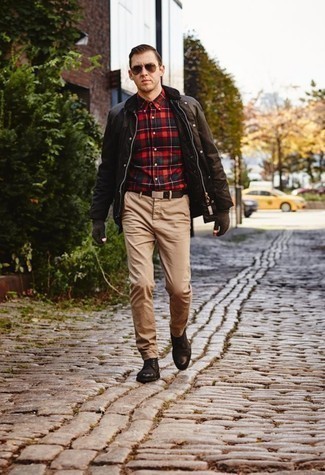 Green and Red Plaid Long Sleeve Shirt Outfits For Men: 