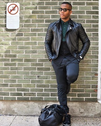 Men's Black Leather Low Top Sneakers, Charcoal Chinos, Dark Green Long Sleeve Shirt, Black Quilted Leather Biker Jacket