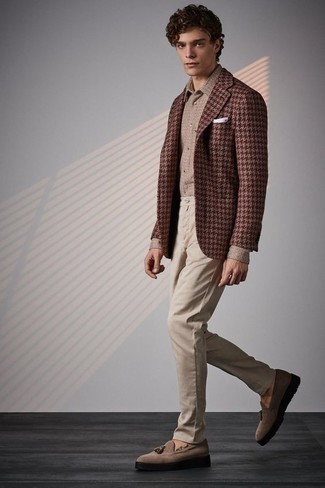 Burgundy Houndstooth Wool Blazer Outfits For Men: 