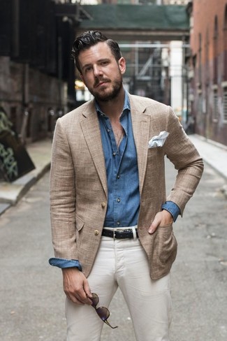 Blue Chambray Long Sleeve Shirt with Tan Blazer Outfits For Men: 