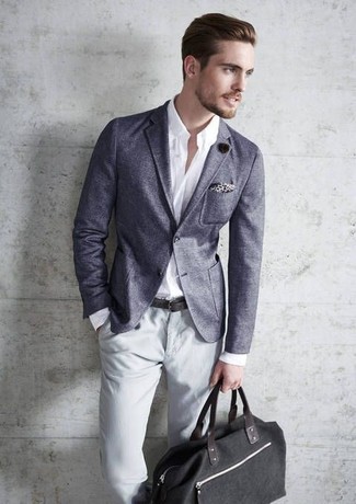 Men's Black Canvas Tote Bag, Grey Chinos, White Long Sleeve Shirt, Grey Blazer