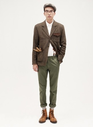 Men's Brown Leather Casual Boots, Olive Chinos, White Long Sleeve Shirt, Brown Wool Blazer
