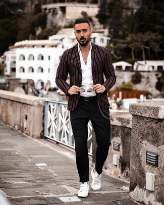 Men's White Leather Low Top Sneakers, Black Chinos, White Long Sleeve Shirt, Black Vertical Striped Blazer