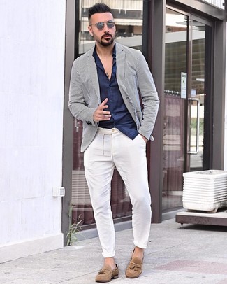 Men's Tan Suede Tassel Loafers, White Chinos, Navy Long Sleeve Shirt, White and Navy Vertical Striped Blazer
