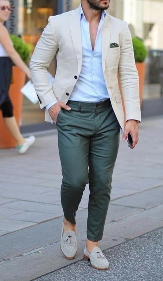 Men's Grey Suede Tassel Loafers, Dark Green Chinos, Light Blue Long Sleeve Shirt, Beige Blazer