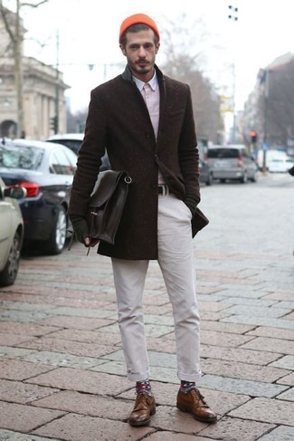 Men's Brown Leather Derby Shoes, White Chinos, Pink Long Sleeve Shirt, Dark Brown Wool Blazer
