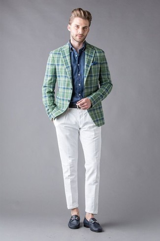 Men's Navy Leather Loafers, White Chinos, Blue Chambray Long Sleeve Shirt, Dark Green Plaid Blazer