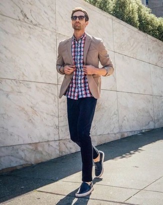 Men's Navy Leather Slip-on Sneakers, Navy Chinos, White and Red and Navy Plaid Long Sleeve Shirt, Tan Blazer