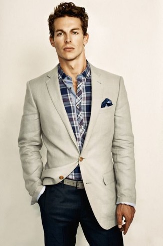 Navy and White Plaid Long Sleeve Shirt Outfits For Men: 