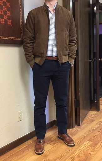 Men's Dark Brown Leather Derby Shoes, Navy Chinos, White and Navy Check Long Sleeve Shirt, Dark Brown Bomber Jacket