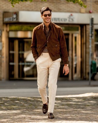 Men's Dark Brown Leather Loafers, White Chinos, Brown Linen Long Sleeve Shirt, Brown Suede Bomber Jacket