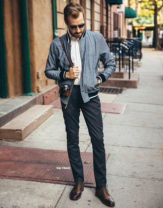 Men's Brown Leather Brogues, Charcoal Wool Chinos, White Long Sleeve Shirt, Navy Bomber Jacket