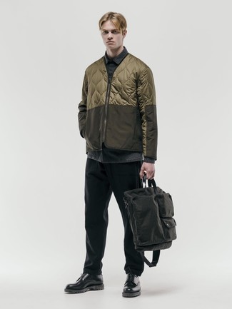 Brown Quilted Bomber Jacket Outfits For Men: 