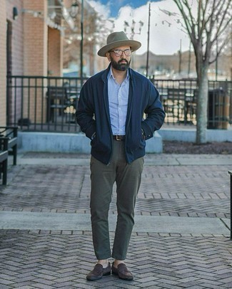 Men's Dark Brown Suede Loafers, Olive Chinos, White and Navy Check Long Sleeve Shirt, Navy Bomber Jacket