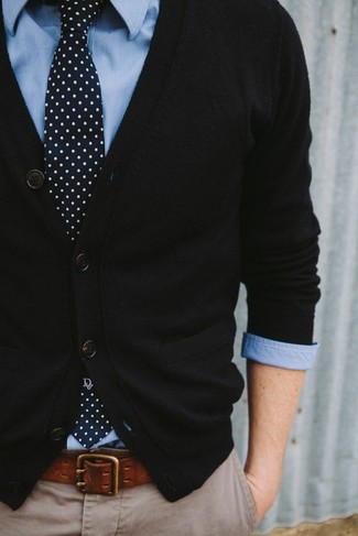 Men's Navy and White Polka Dot Tie, Beige Chinos, Light Blue Vertical Striped Long Sleeve Shirt, Black Cardigan