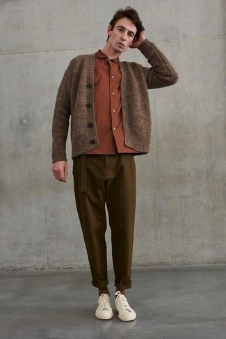 Men's White Canvas Low Top Sneakers, Olive Chinos, Tobacco Long Sleeve Shirt, Brown Knit Cardigan