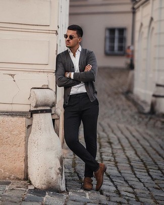 Men's Brown Suede Double Monks, Black Vertical Striped Chinos, White Long Sleeve Shirt, Charcoal Cardigan