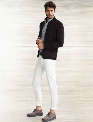 White and Black Check Long Sleeve Shirt Outfits For Men: 